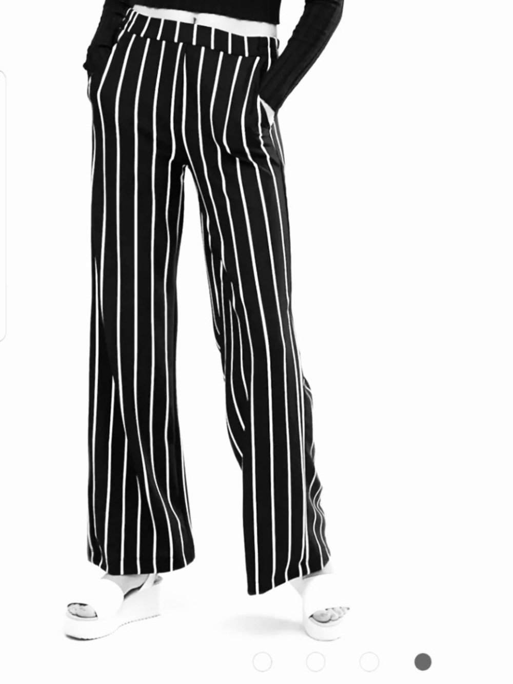 Bershka Dark Green and White Striped Wide Leg Pull On Pants